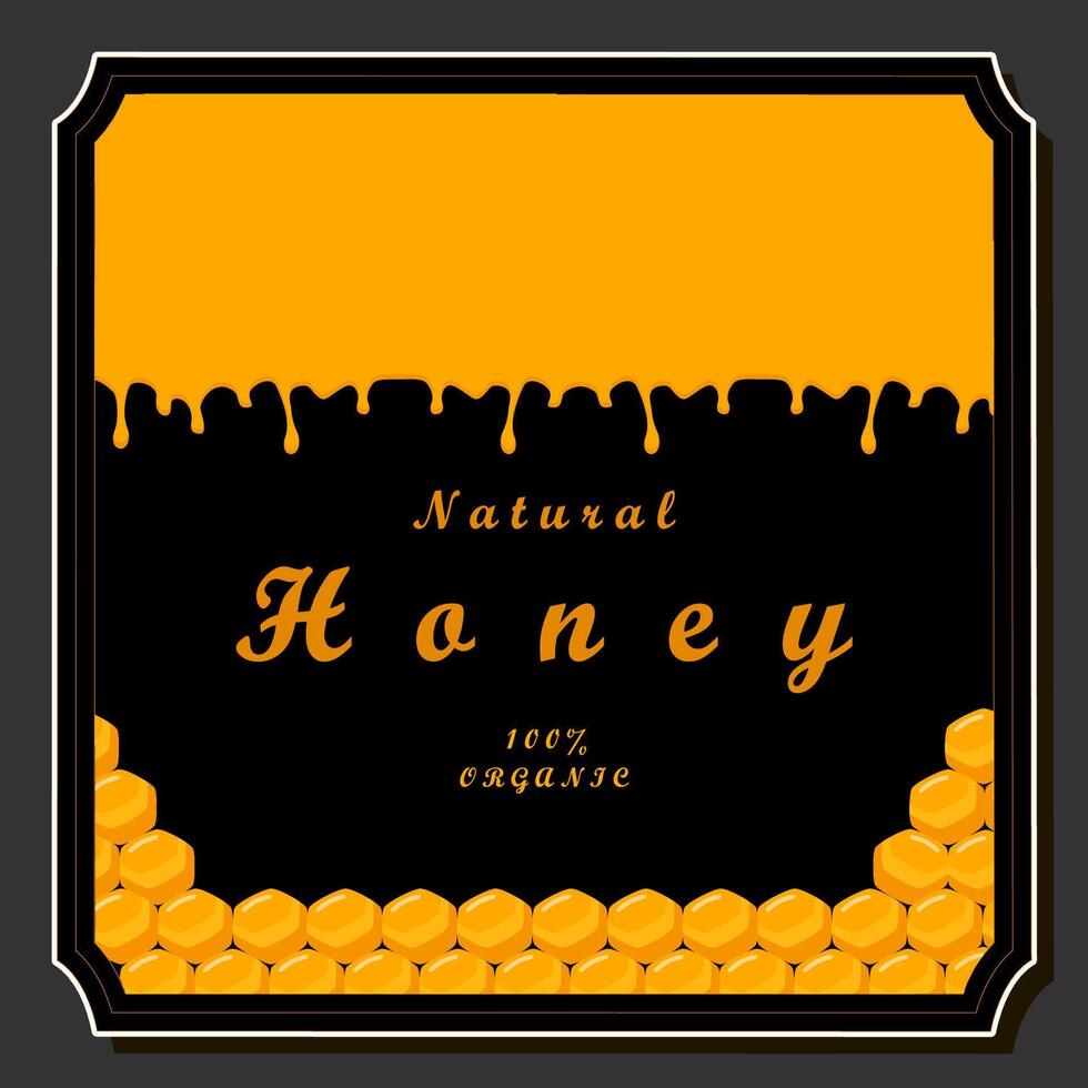 Illustration on theme for label of sugary flowing down honey in honeycomb with bee vector