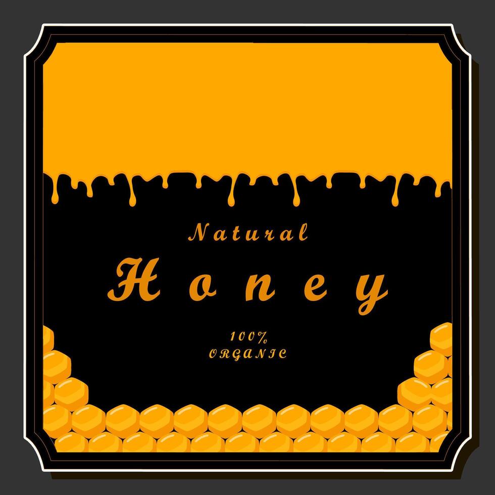 Illustration on theme for label of sugary flowing down honey in honeycomb with bee vector