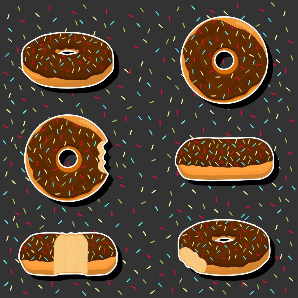 Illustration on theme big set different types sticky donuts, sweet doughnuts various size vector