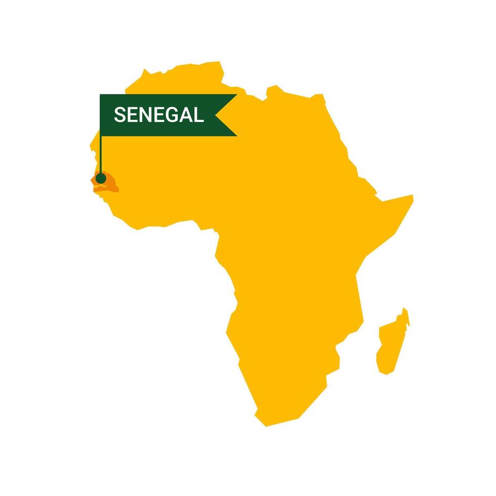 Senegal en un África s mapa con palabra Senegal en un en forma de bandera marcador. vector aislado en blanco antecedentes.