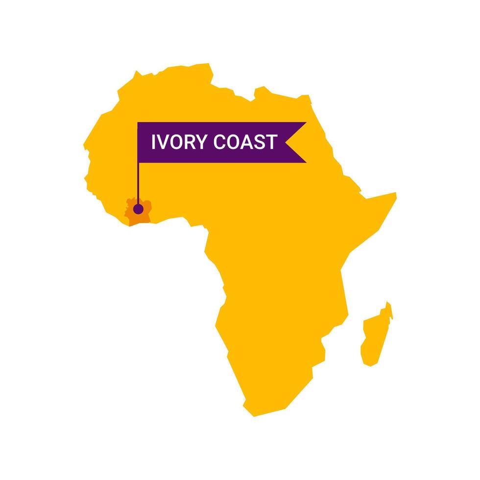 Ivory Coast on an Africa s map with word Ivory Coast on a flag-shaped marker. Vector isolated on white background.