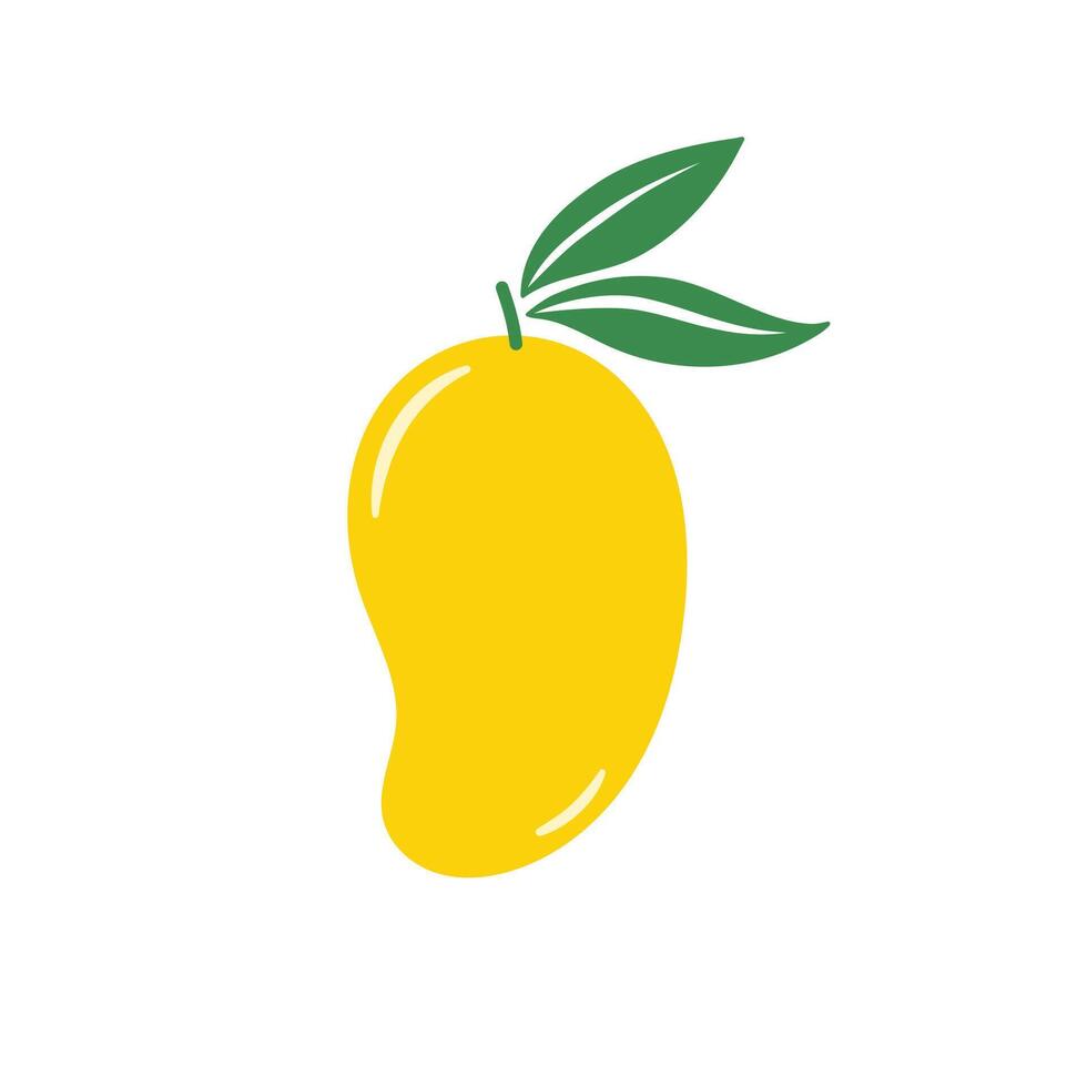 Fresco todo amarillo mango. vector plano ilustración aislado en blanco antecedentes. lustroso vertical soltero mango con dos verde hojas. color frutas icono.