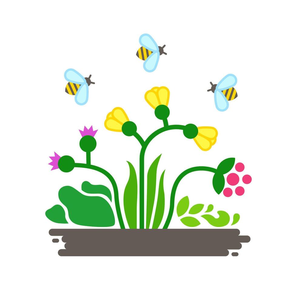 Wild flowers and bees. Small ecosystem. Vector illustration.