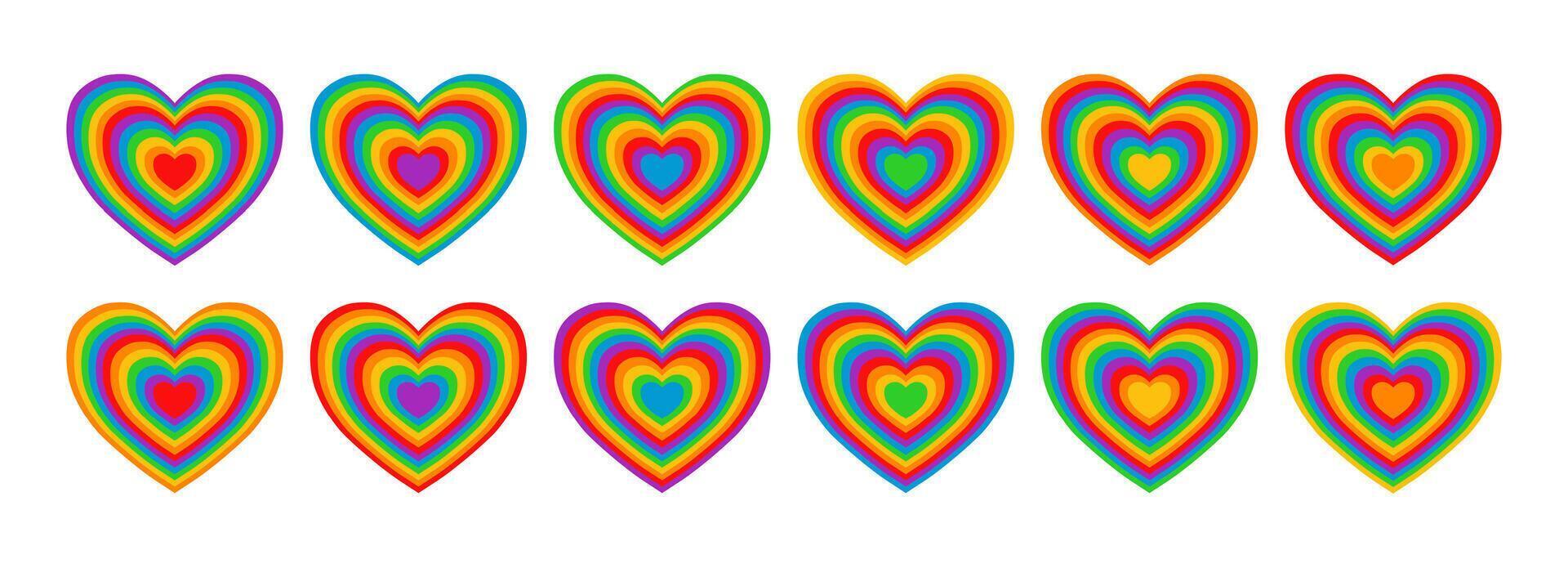 Twelve throbbing rainbow hearts. Decorative elements set. Vector illustration isolated on white background.