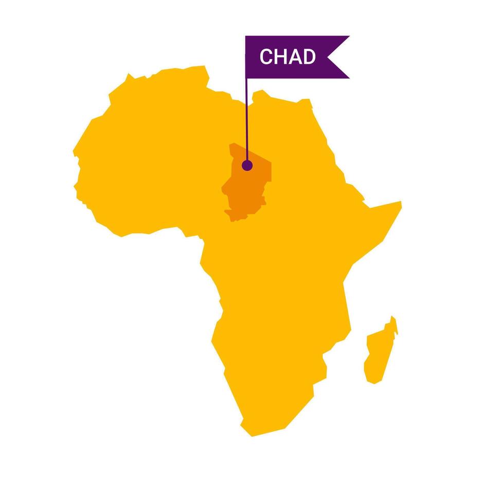 Chad en un África s mapa con palabra Chad en un en forma de bandera marcador. vector aislado en blanco antecedentes.