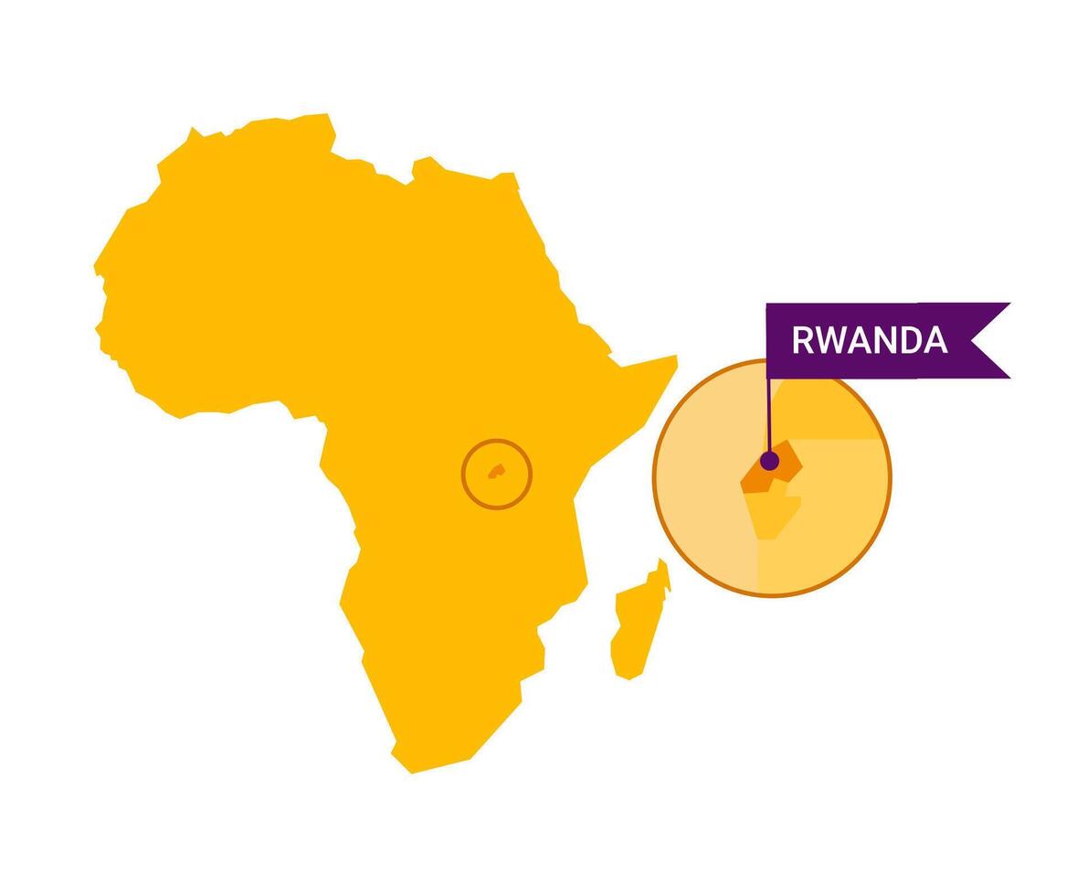 Ruanda en un África s mapa con palabra Ruanda en un en forma de bandera marcador. vector aislado en blanco antecedentes.