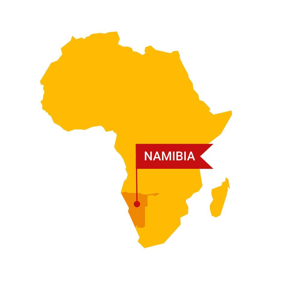 Namibia en un África s mapa con palabra Namibia en un en forma de bandera marcador. vector aislado en blanco antecedentes.