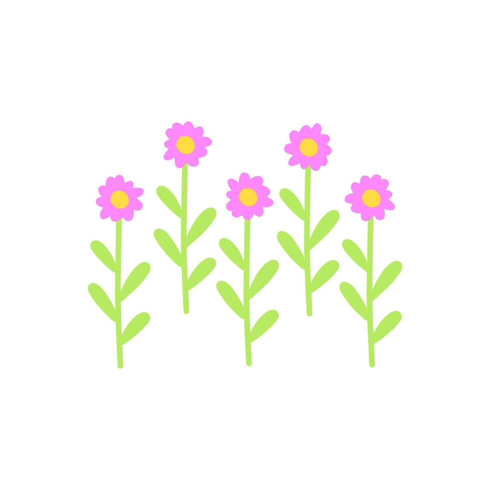 Group of abstract pink flowers on leafy stems. Flower row or garden bed. Flat vector illustration isolated on white background.