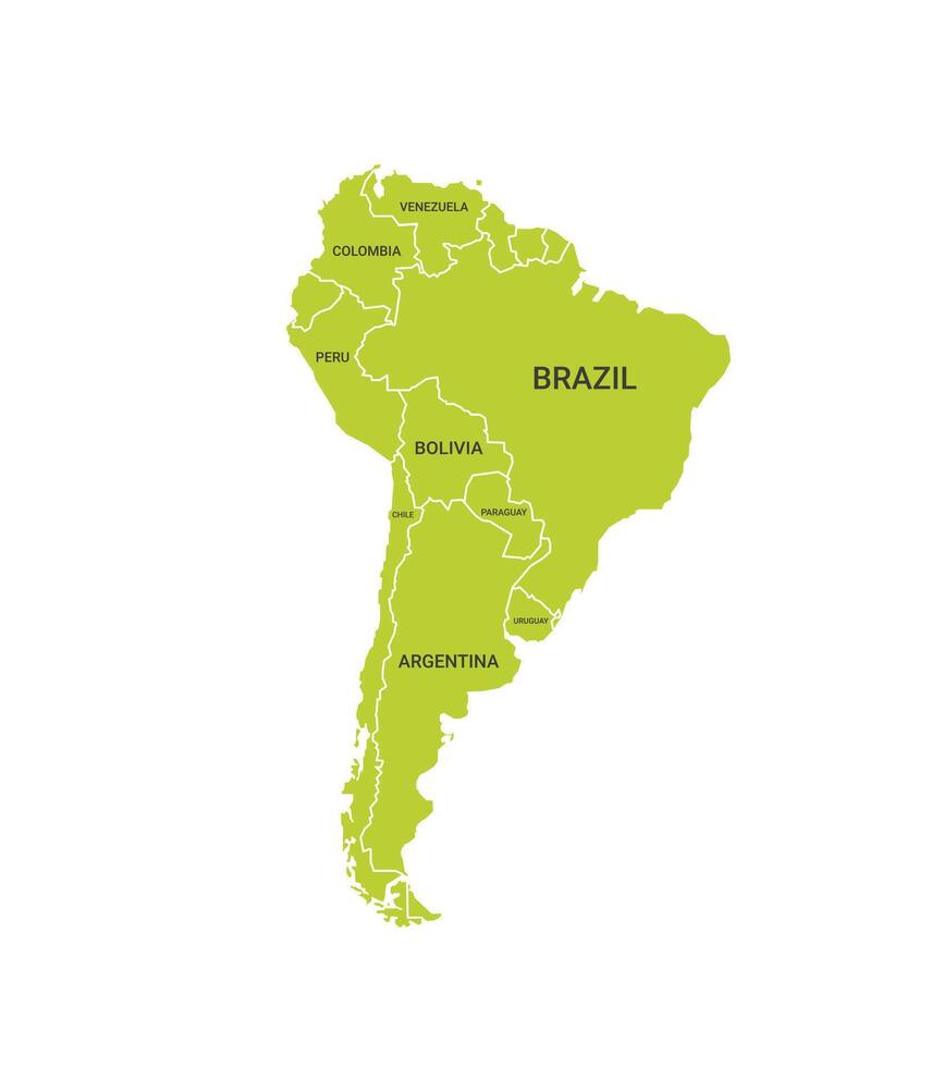 South America political map with names of the biggest countries. Flat vector illustration isolated on white background.