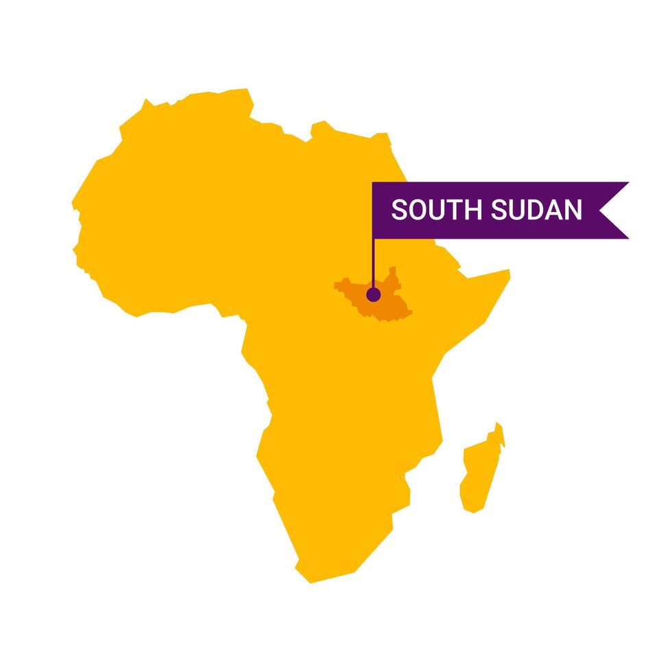 South Sudan on an Africa s map with word South Sudan on a flag-shaped marker. Vector isolated on white background.