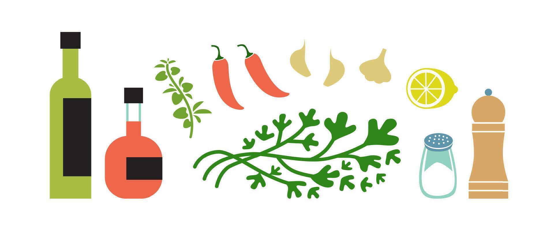 Fresh chimichurri ingredients. Herb sauce making. Horizontal flat vector illustration isolated on white background.