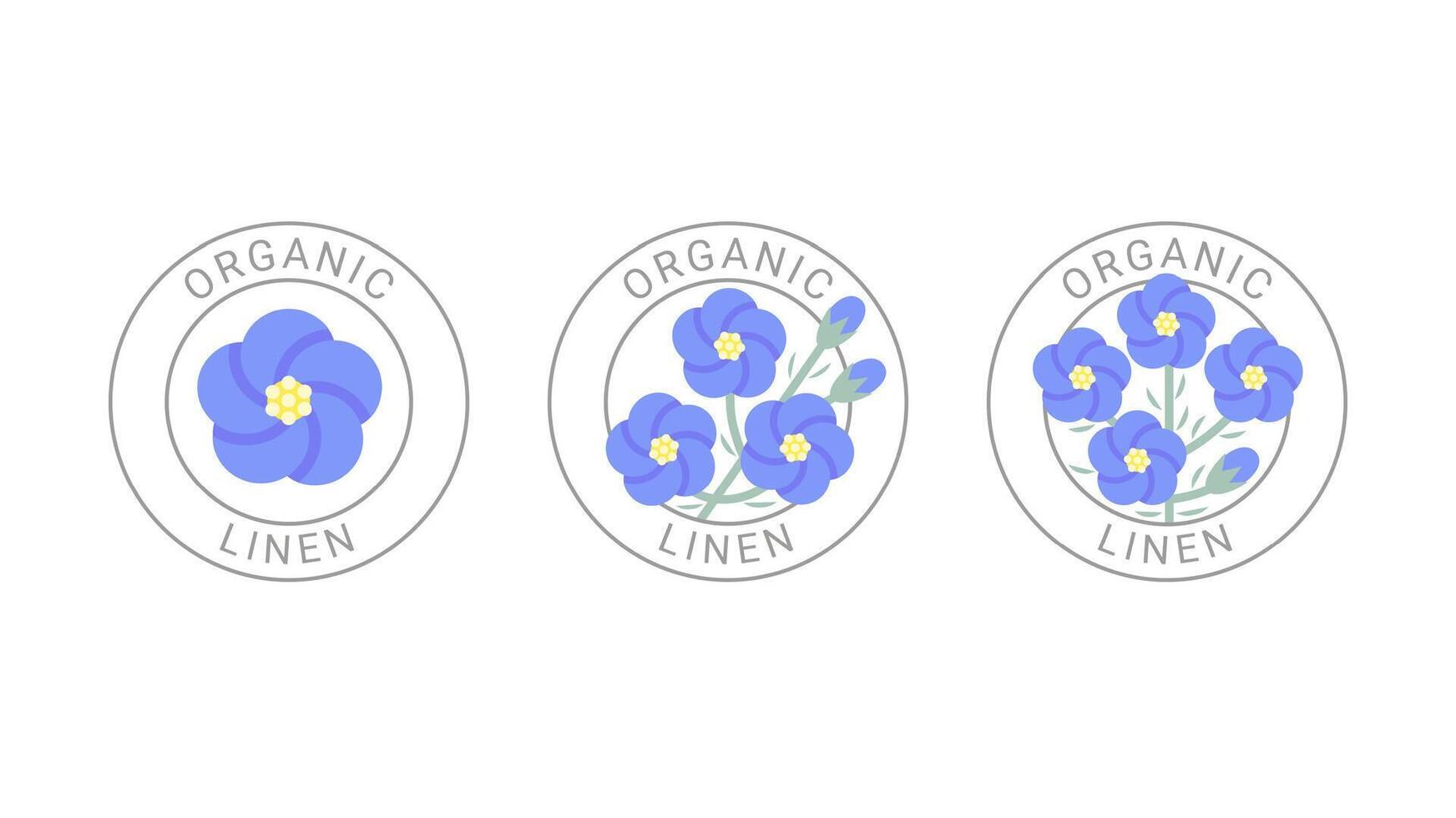 Organic linen color labels set. Linen product badge. Vector flat round icons isolated on white.