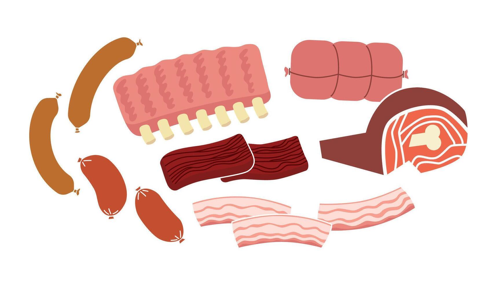 Fresh raw meat and sausages collection. Flat vector illustration isolated on white background. Barbeque preps. Meat industry set. Animal protein.