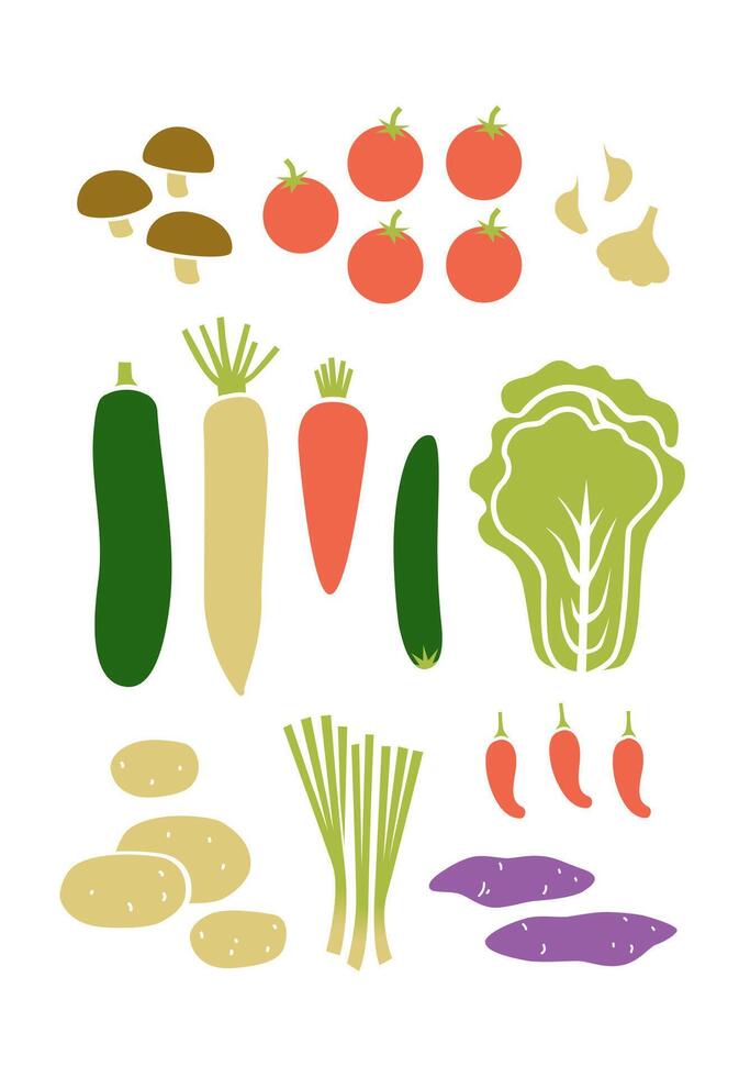 Vertical set of asian food. Vegetables, roots, mushrooms. Vector flat illustration isolated on a white background.