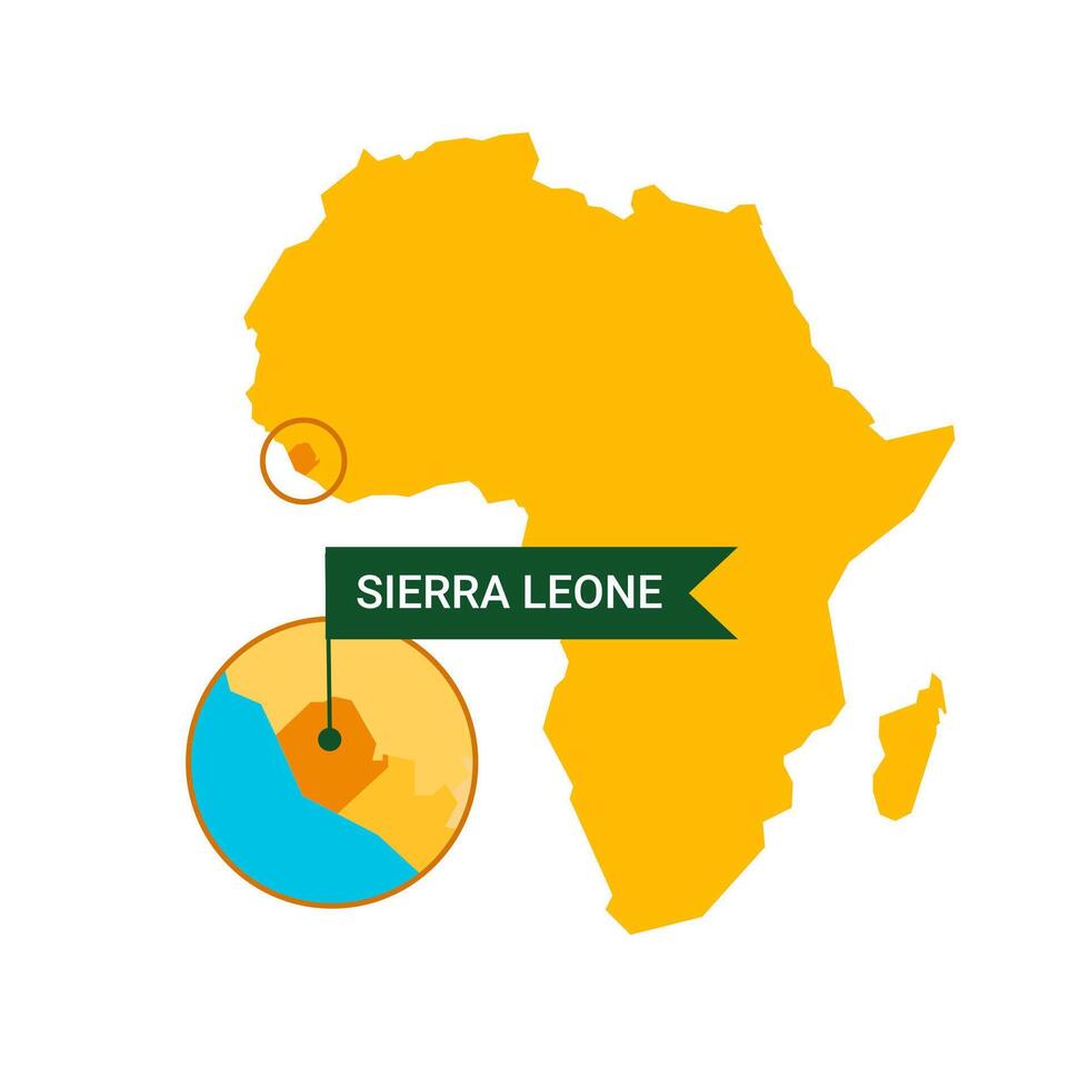 Sierra Leone on an Africa s map with word Sierra Leone on a flag-shaped marker. Vector isolated on white background.