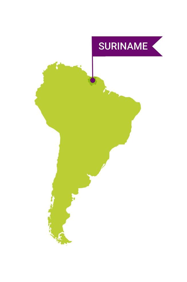 souSuriname on an South America s map with word Suriname on a flag-shaped marker. Vector isolated on white background.