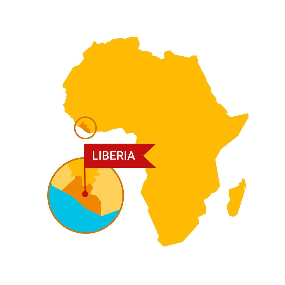 Liberia on an Africa s map with word Liberia on a flag-shaped marker. Vector isolated on white background.