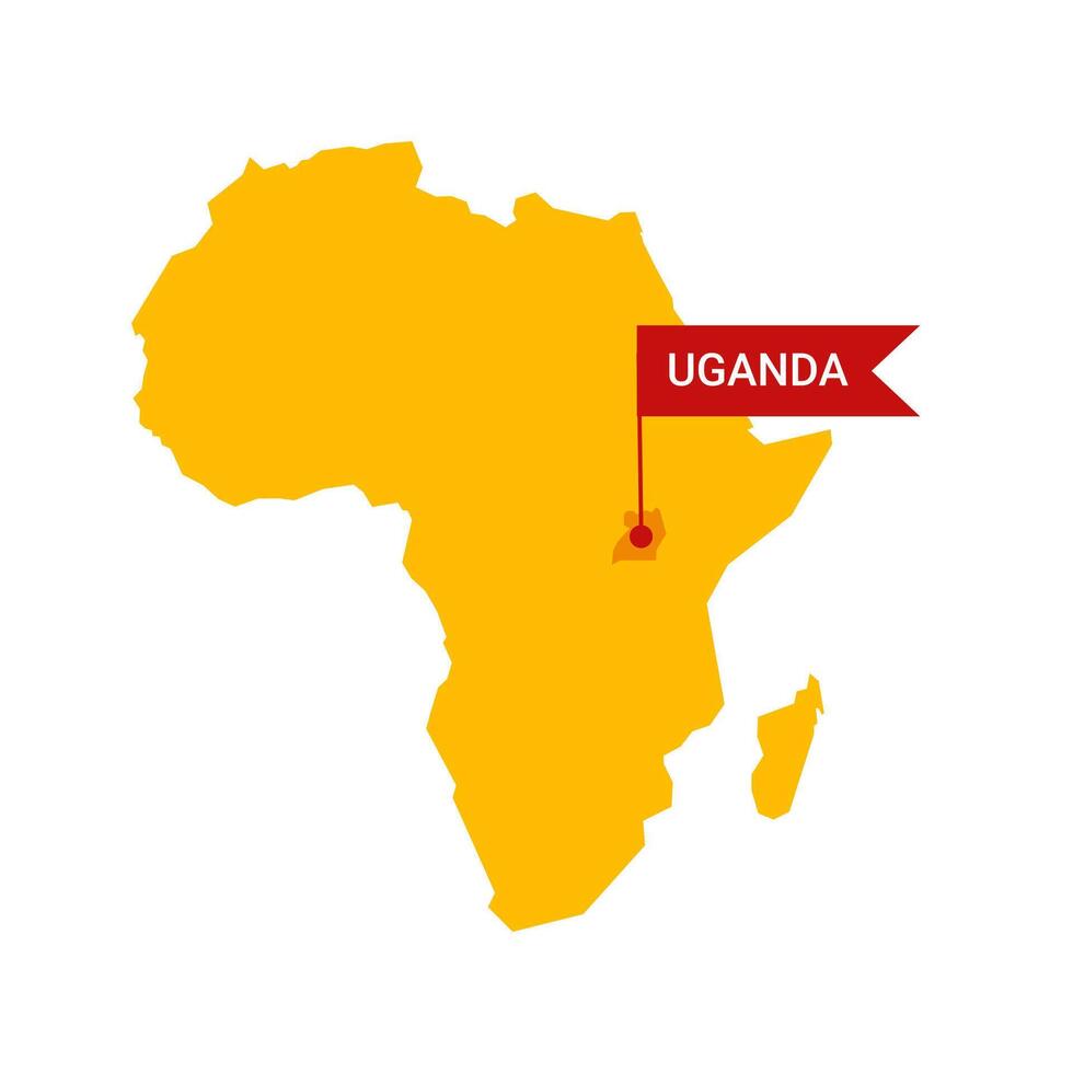 Uganda on an Africa s map with word Uganda on a flag-shaped marker. Vector isolated on white background.