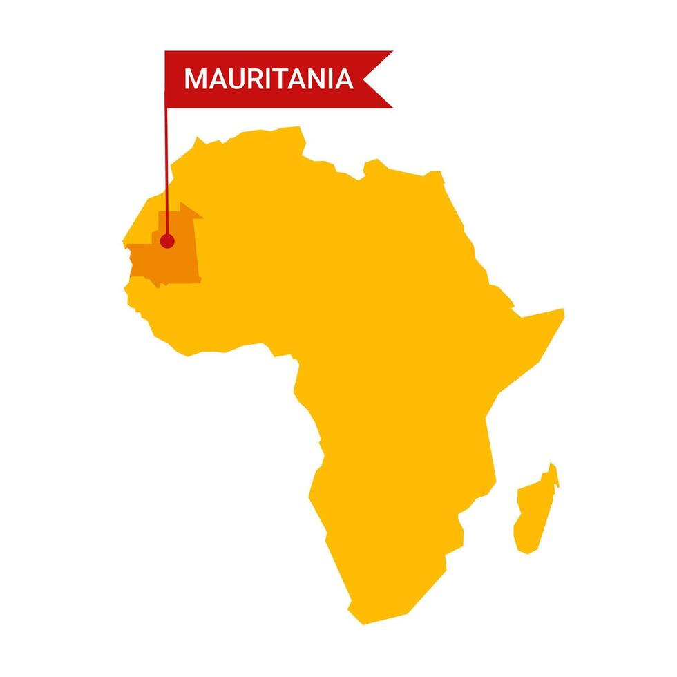 Mauritania en un África s mapa con palabra Mauritania en un en forma de bandera marcador. vector aislado en blanco antecedentes.