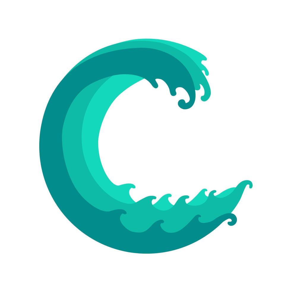 Big blue wave in a round shape. Vector flat design element.