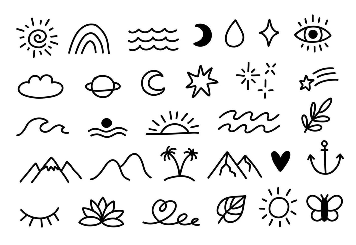 Collection of line drawings with sun, sea, wave, palms and spiritual symbols. Cute and simple doodles. vector