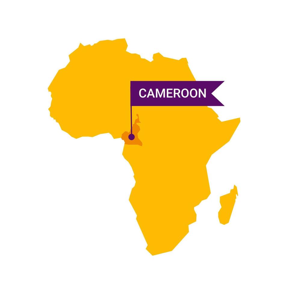 Cameroon on an Africa s map with word Cameroon on a flag-shaped marker. Vector isolated on white background.