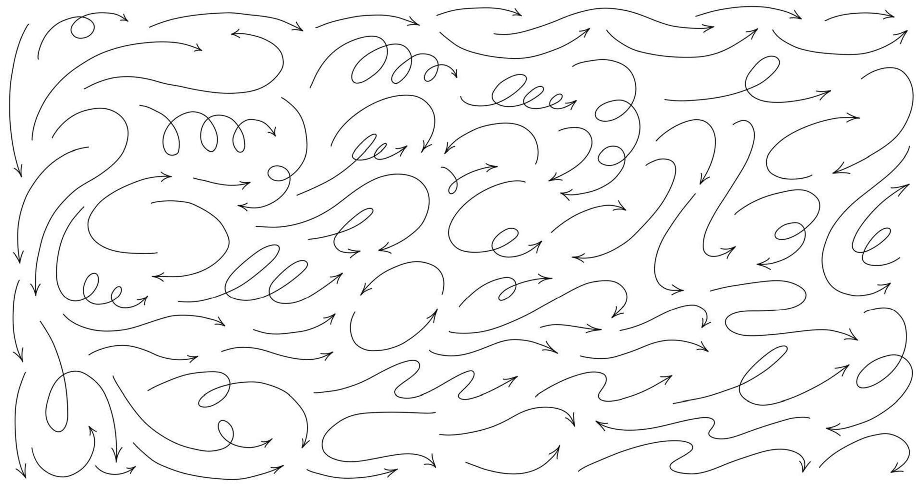 Hand drawn thin line arrows set. Many vector curvy, wavy spiral arrows isolated on white background.