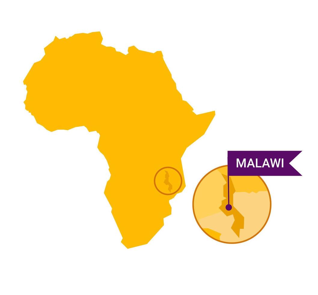 Malawi on an Africa s map with word Malawi on a flag-shaped marker. Vector isolated on white background.