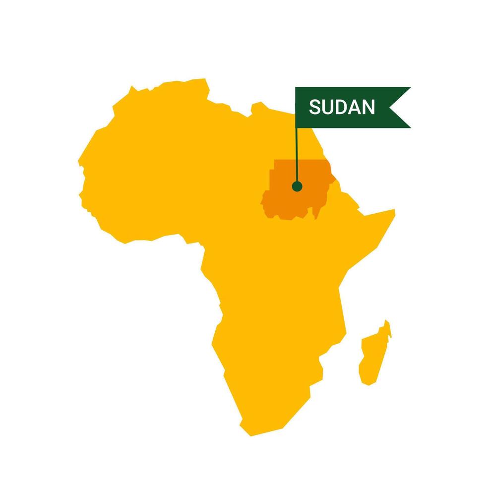 Sudan on an Africa s map with word Sudan on a flag-shaped marker. Vector isolated on white background.
