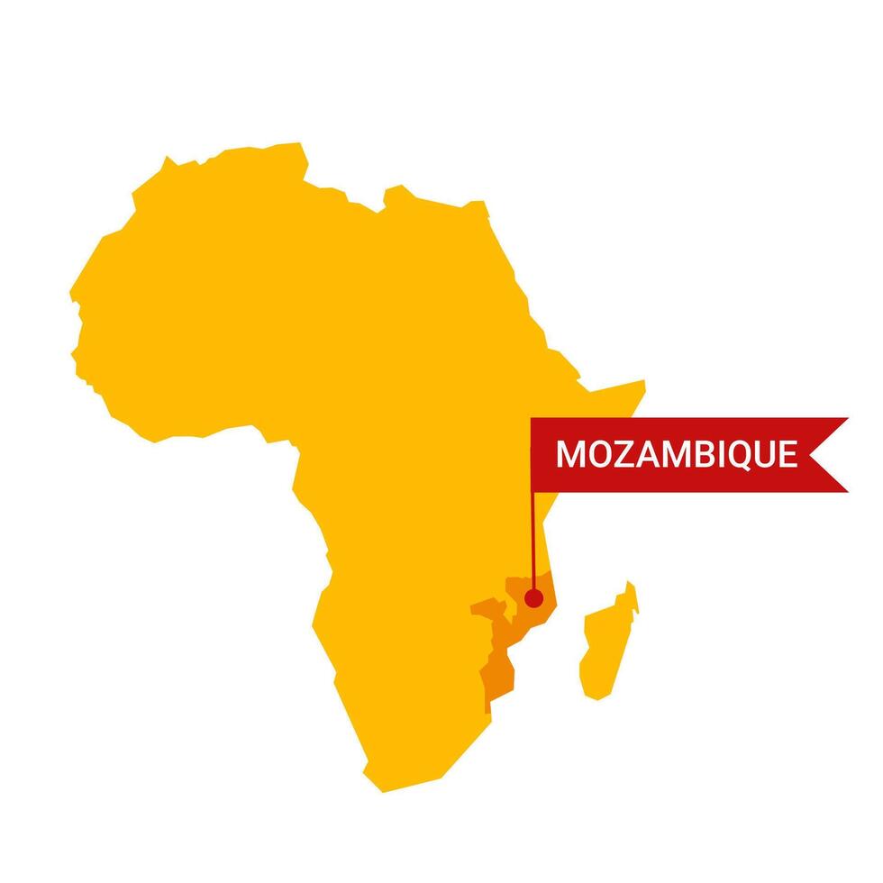 Mozambique on an Africa s map with word Mozambique on a flag-shaped marker. Vector isolated on white background.