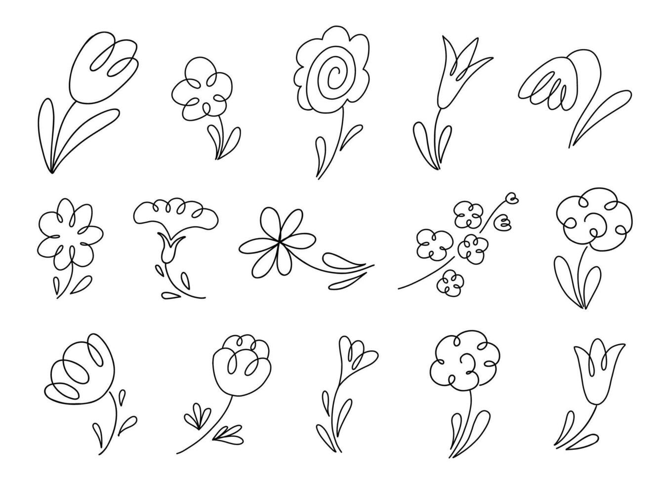 Black line doodle flowers set. Hand drawn vector illustration collection isolated on white background. Sketches of bouquet flowers. Simple groovy rough freehand drawing.