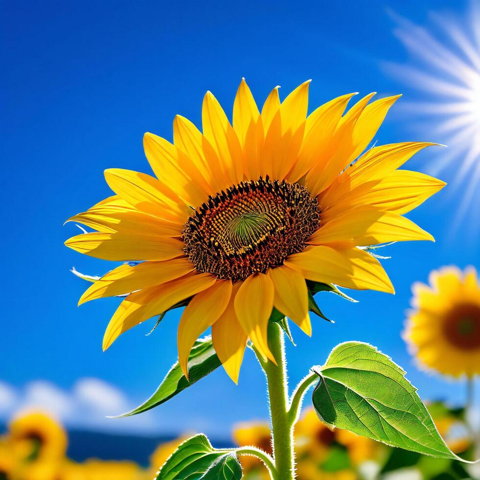 ai generado girasol en lleno floración soportes en medio de un campo de girasoles foto