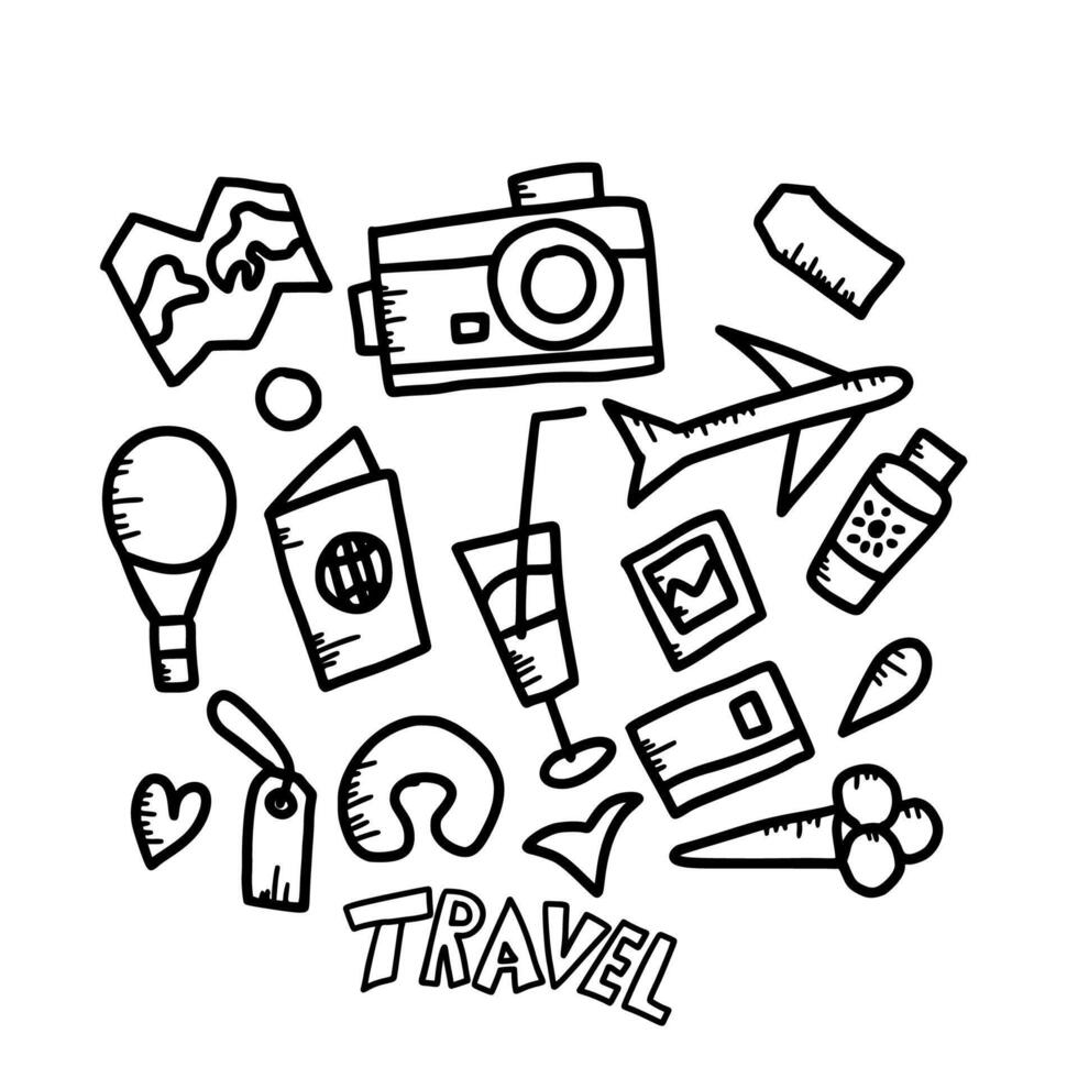 Set of travel doodle symbols in vector. vector