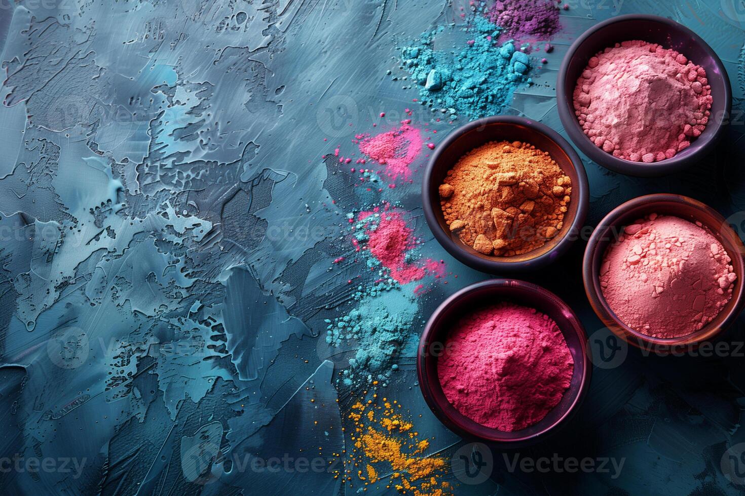 AI generated Top view of three bowls filled with vibrant colored powders, Holi Festival of Colors, copy space photo