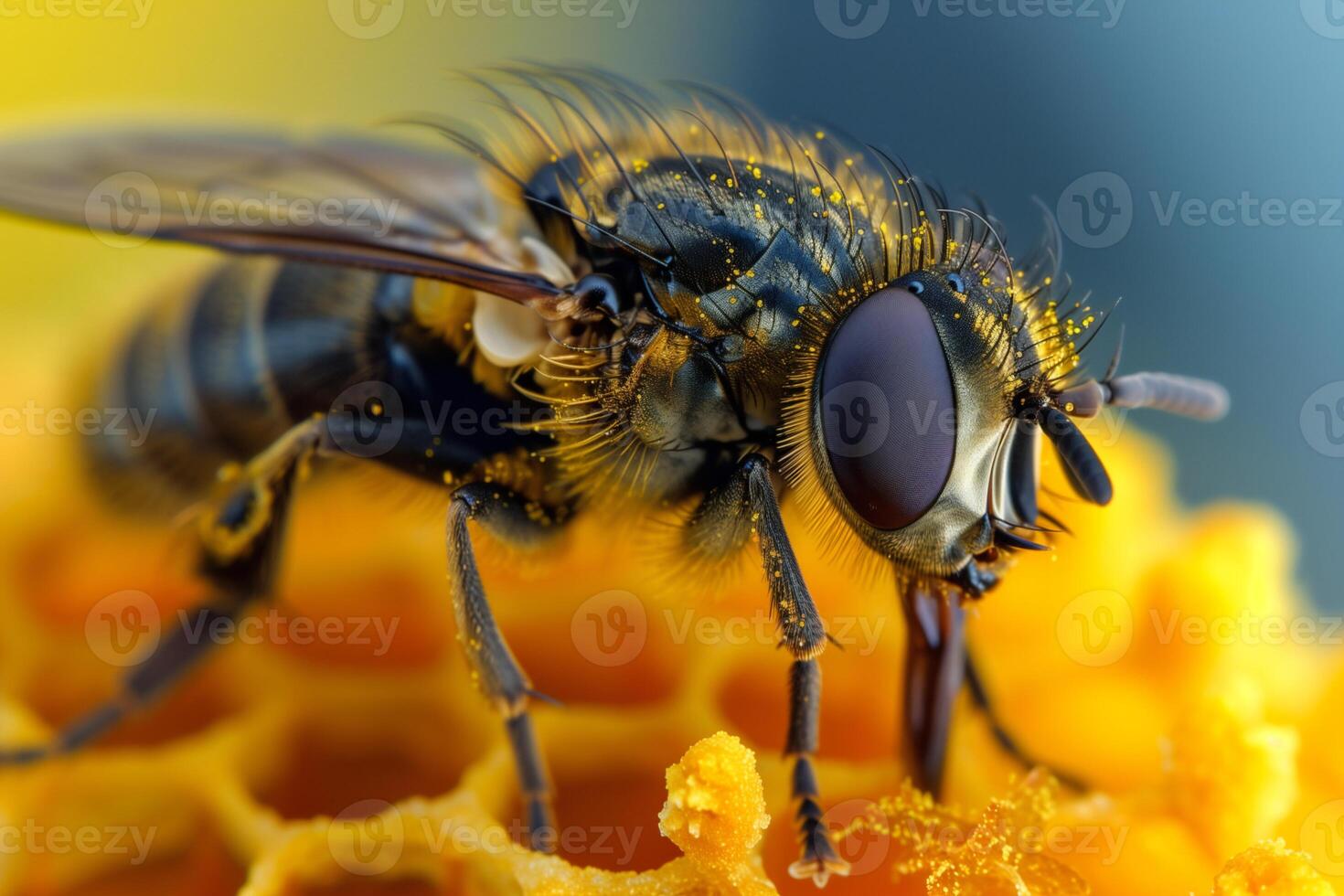 AI generated Detailed close up of a fly, that has joined the bee collective and carries features and compound eyes, World Bee Day photo