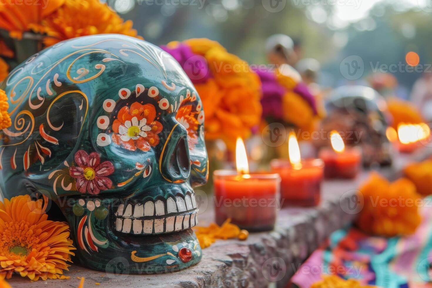 AI generated Colorful Mexican Day of the Dead celebration with skull candles and marigolds photo