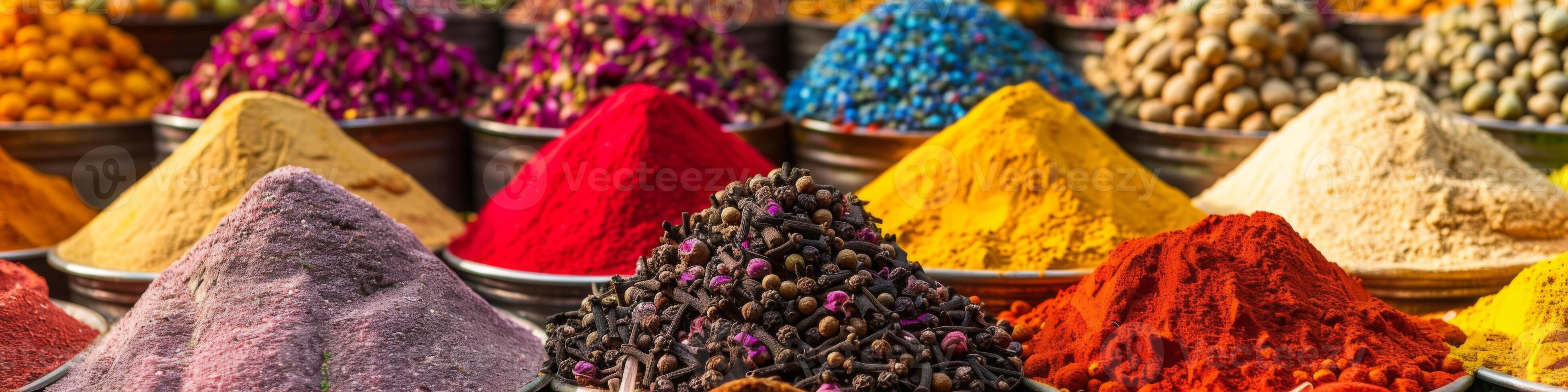 AI generated Colorful exotic spices market with heaps of turmeric, chilli, saffron, and cloves photo