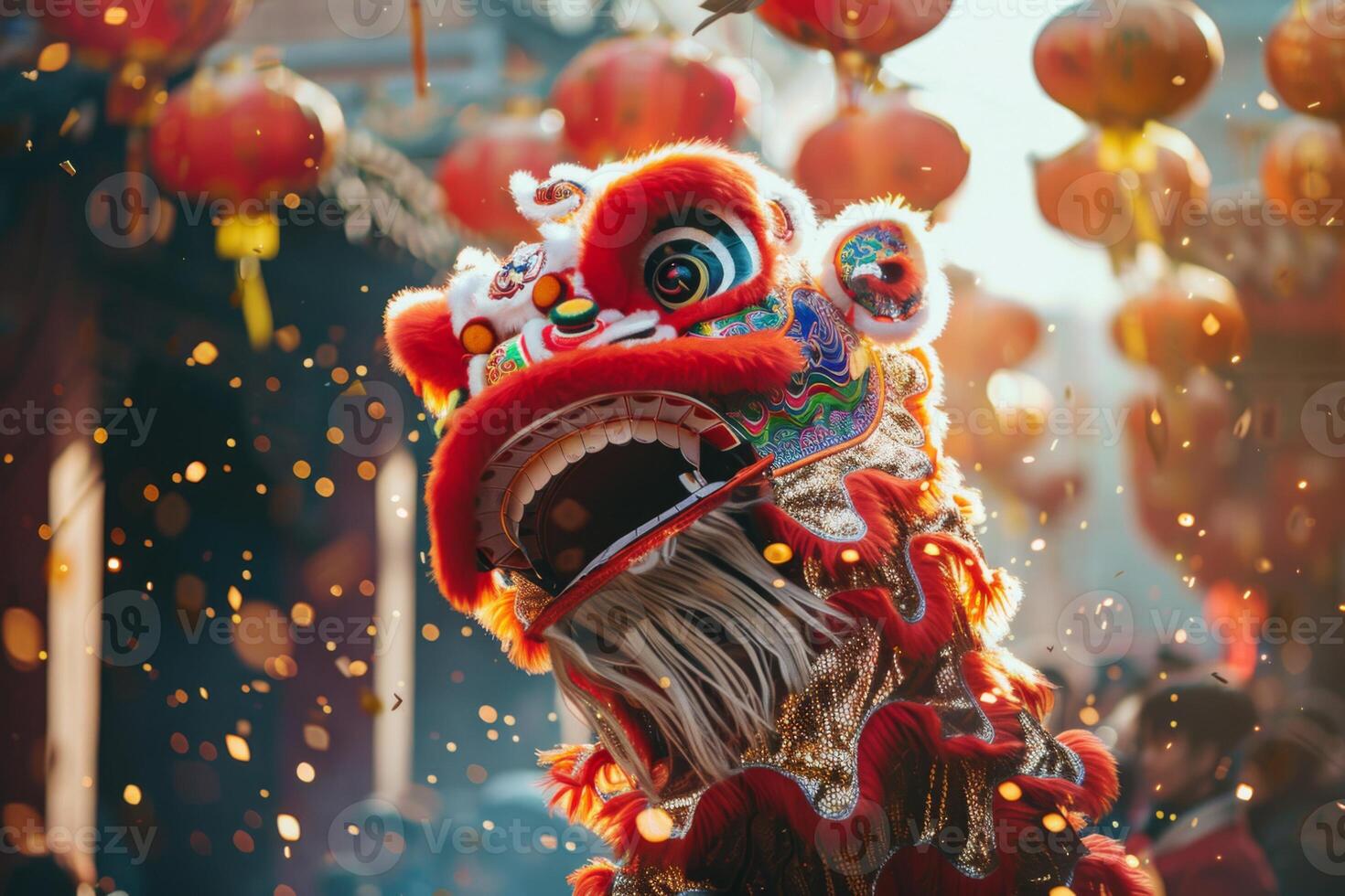 AI generated Traditional dragon dance and celebration with red lanterns during Chinese New Year in China photo