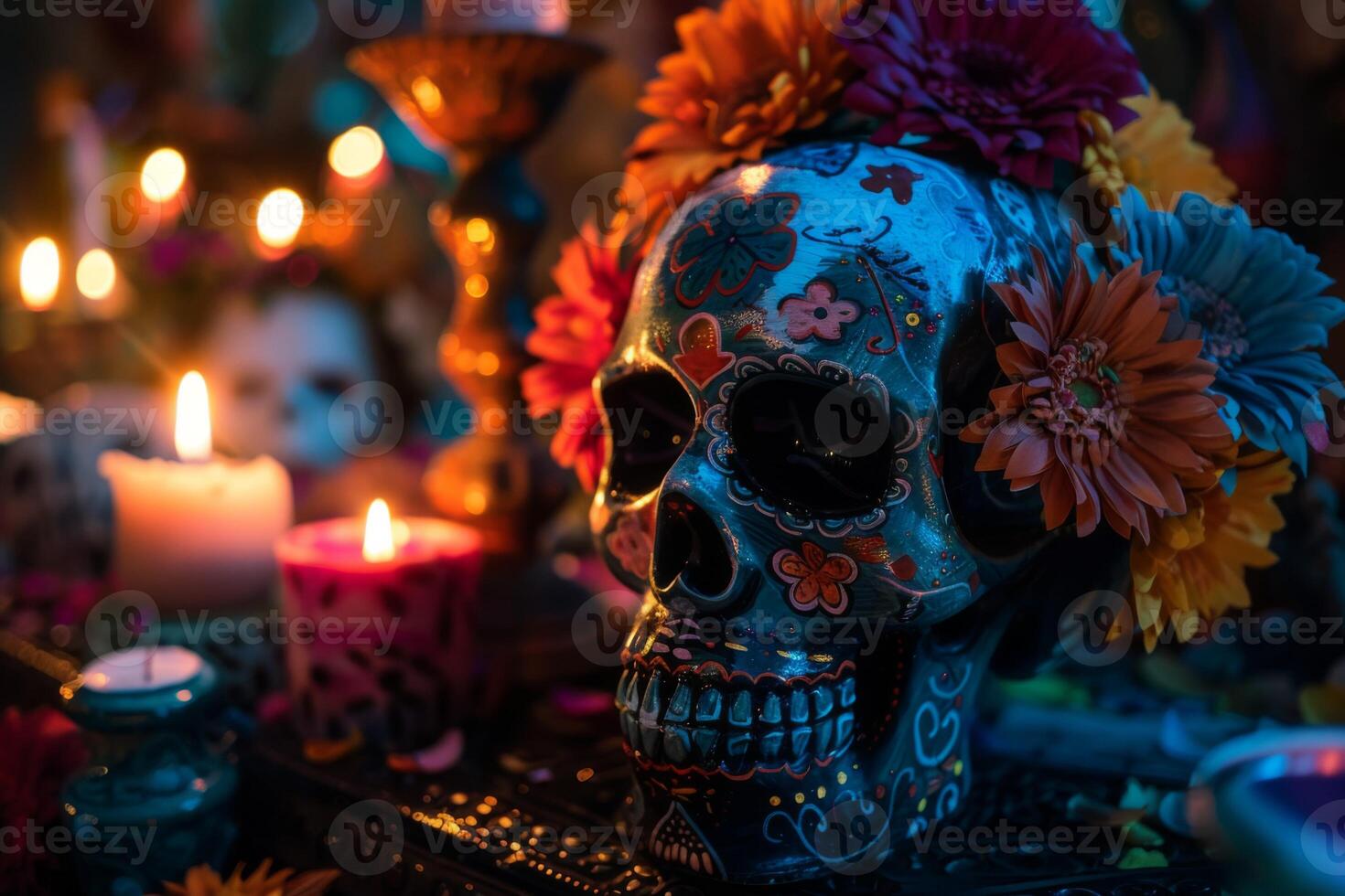 AI generated Day of the Dead traditional Mexican skull surrounded by celebration candles and colorful flowers photo