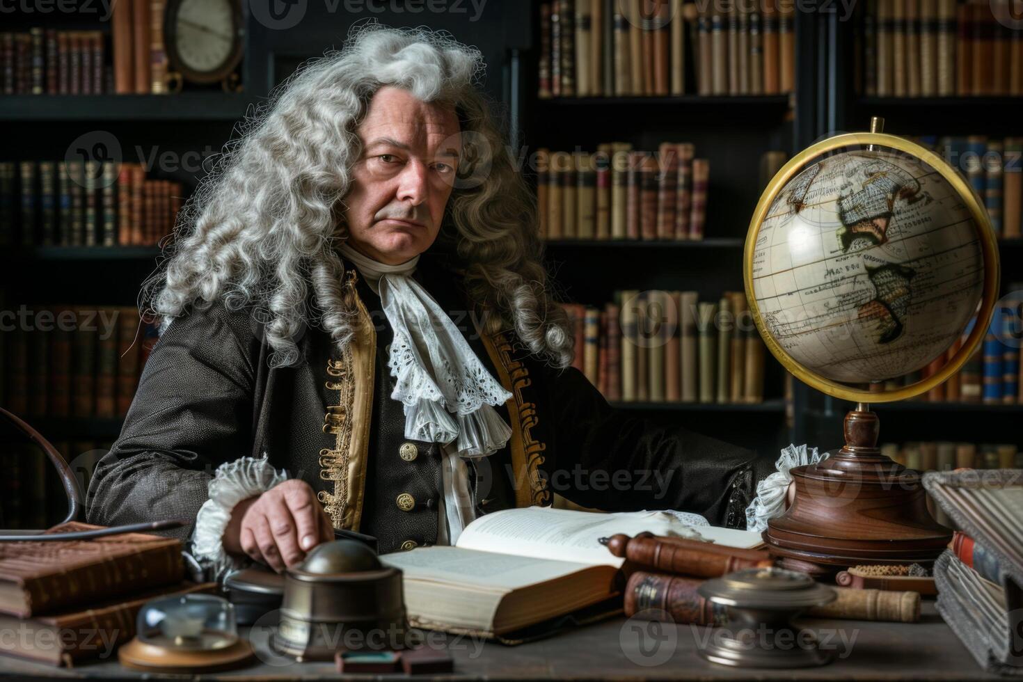AI generated Historical inventor in costume and wig with globe, books, gavel, and writing in a library setting photo