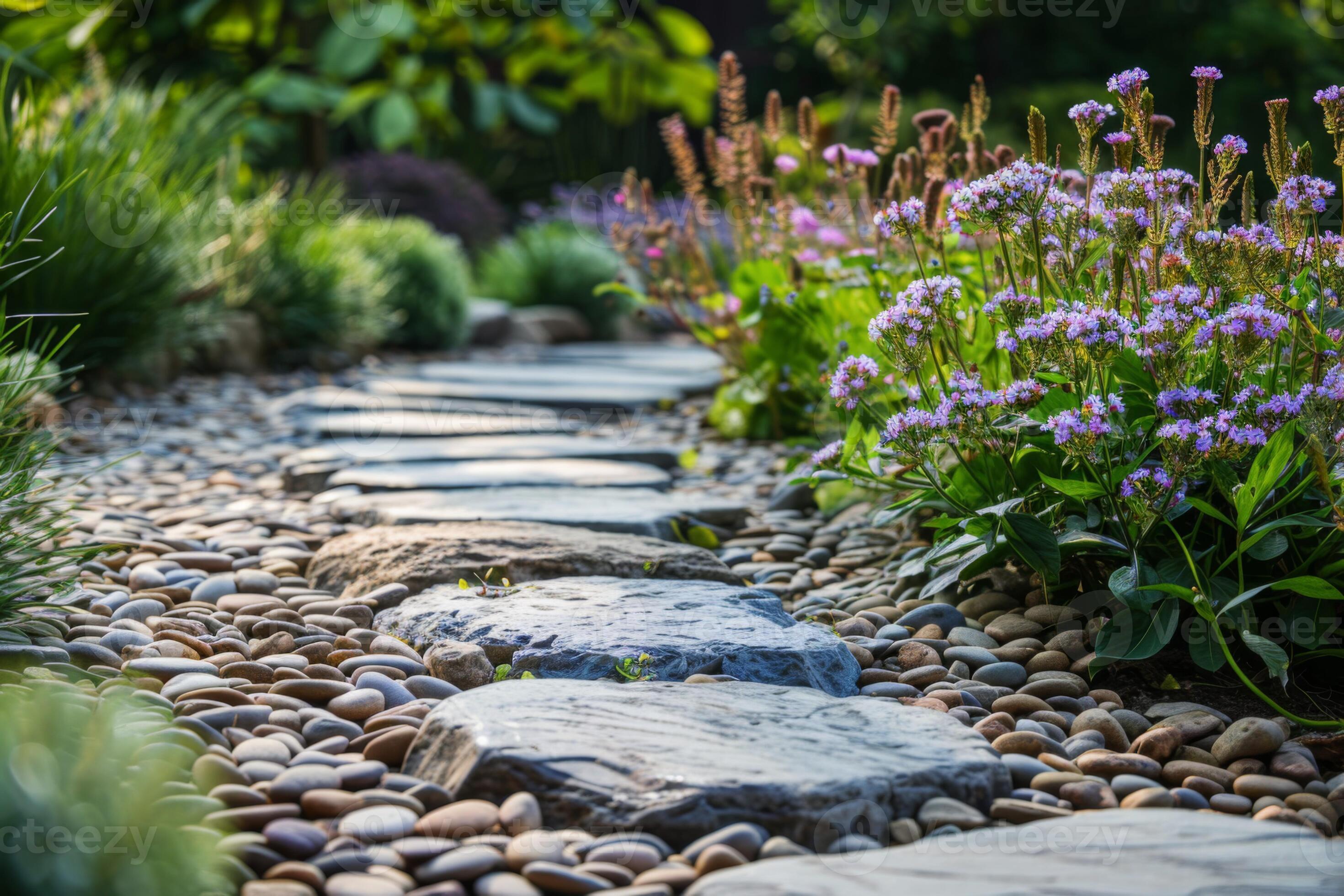 AI generated Landscaping pathway with stones garden pebbles plants AI generated Landscaping pathway with stones garden pebbles plants