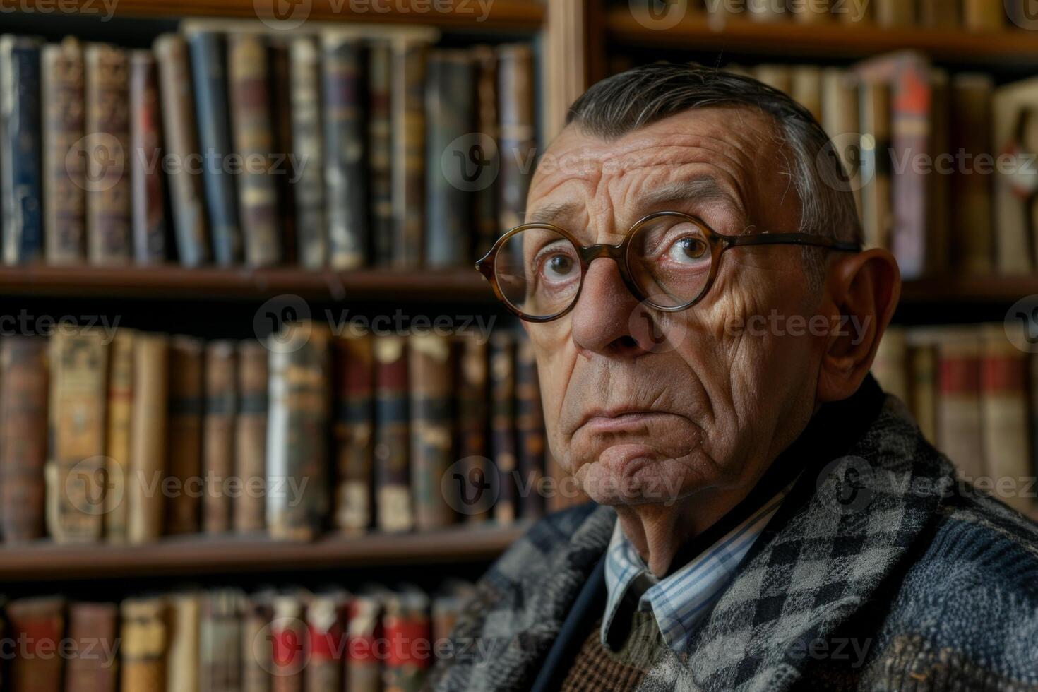 AI generated Philosopher pondering in a library surrounded by books and wisdom photo