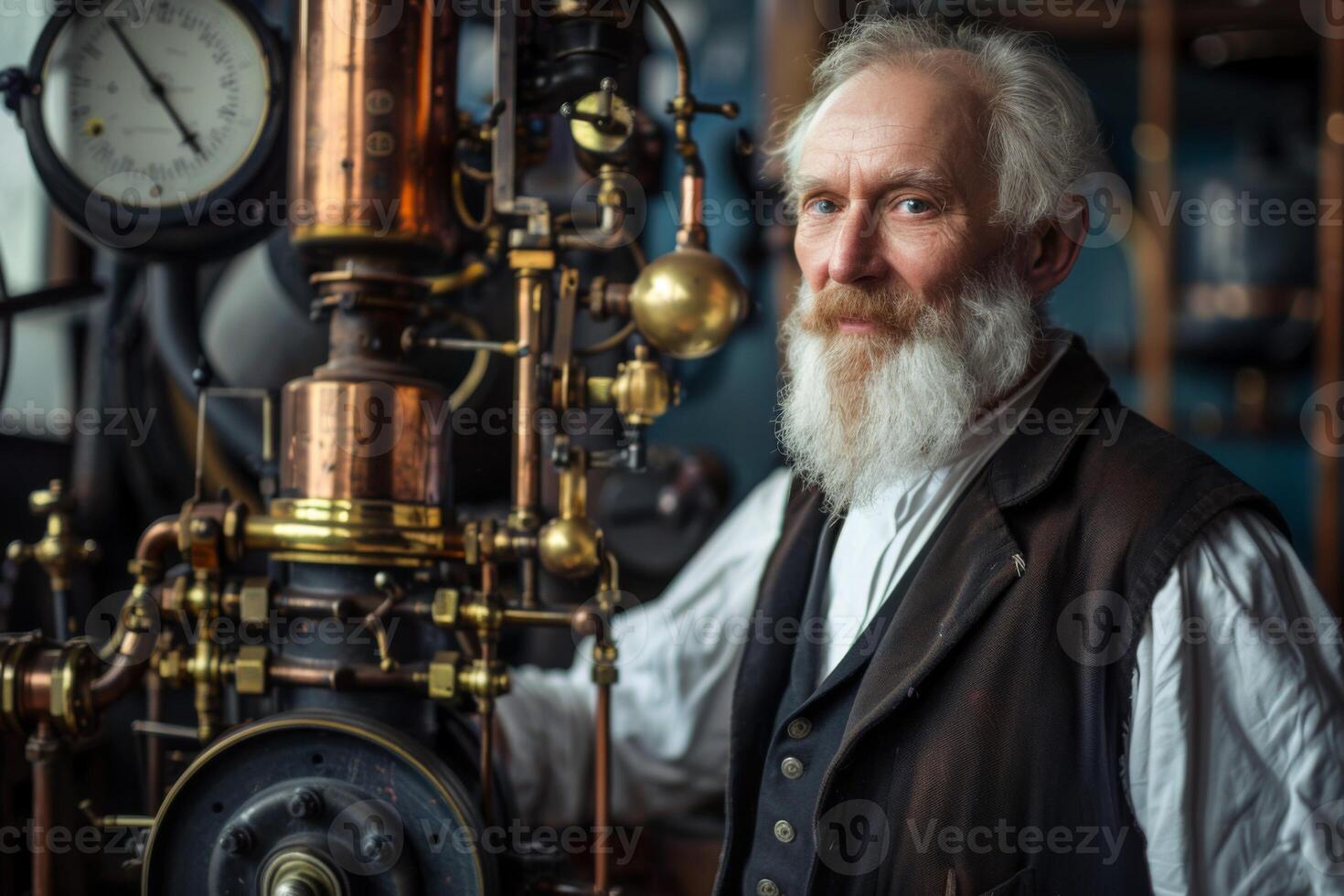 AI generated Elderly inventor with vintage machinery in a portrait of historical technology and expertise photo