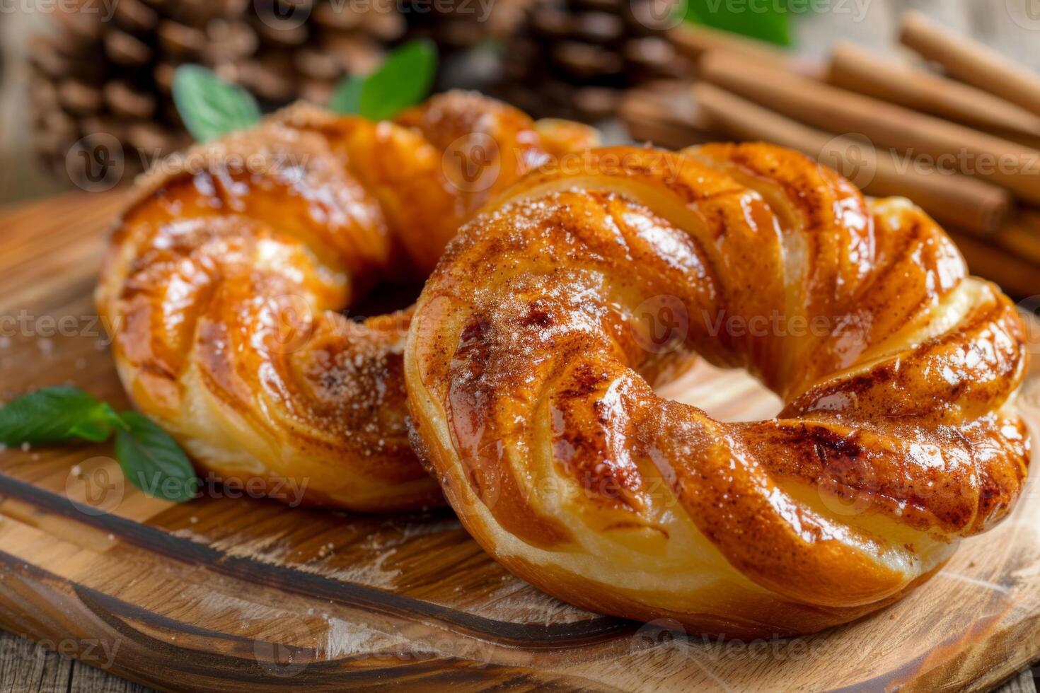 ai generado canela giro rosquilla en de madera tablero con vidriado azúcar y dulce postre apelación foto