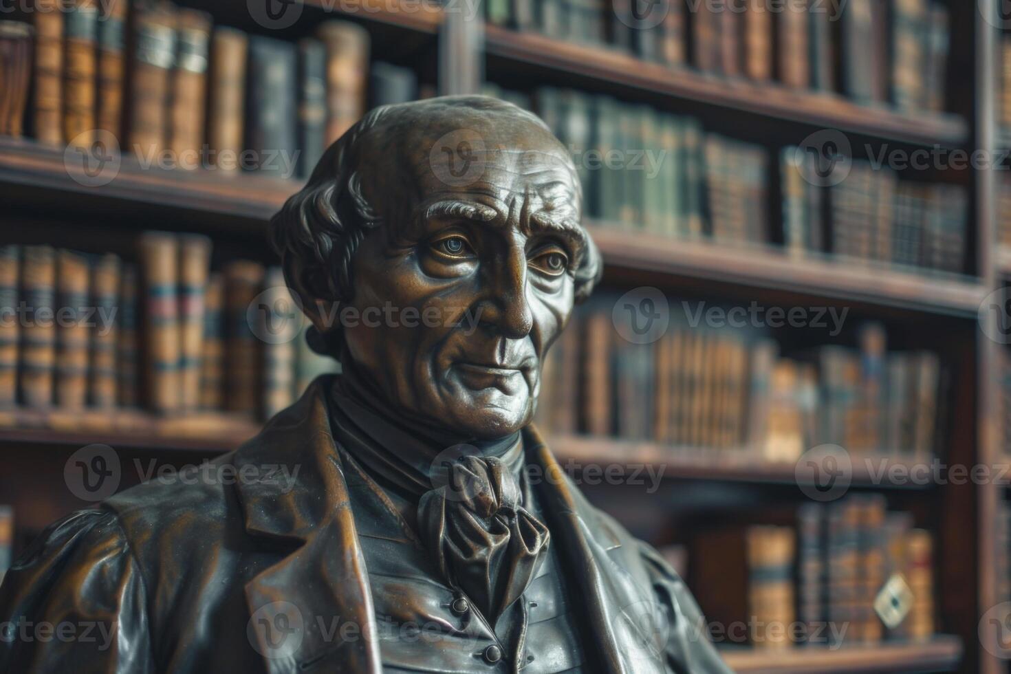 AI generated Bronze philosopher statue in library surrounded by books, bust, intellectual history, shelf, literature photo