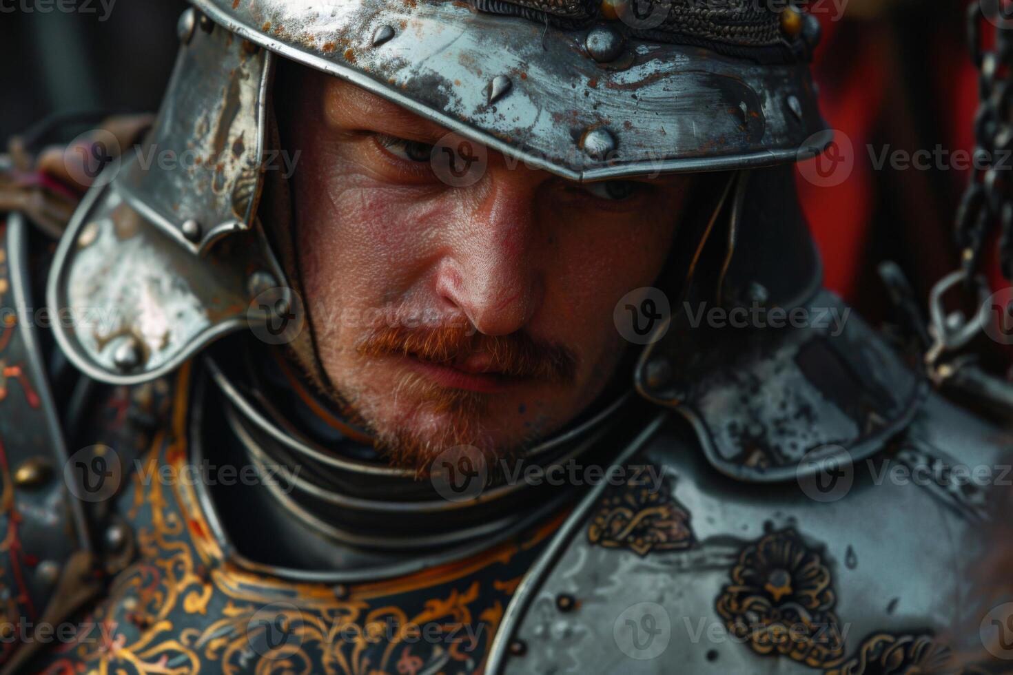 AI generated Medieval warrior in detailed armor with helmet exudes courage and determination in portrait photo