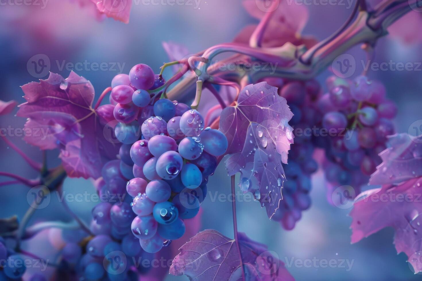 AI generated Grapes on vine with purple leaves and dew displaying agriculture and viticulture photo