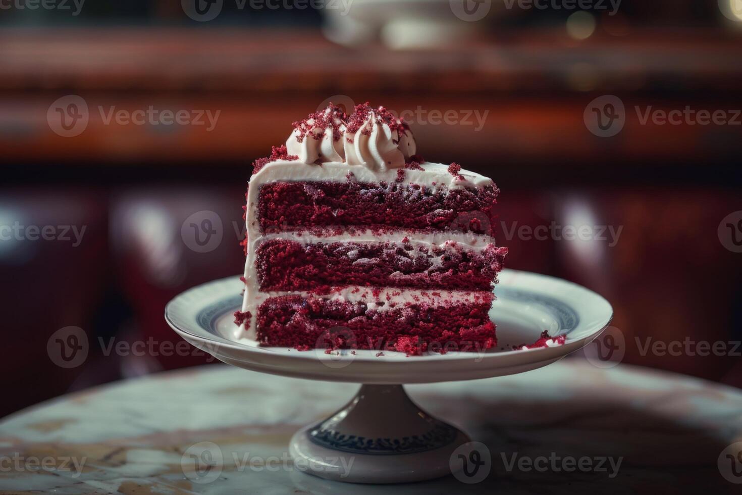 AI generated Red velvet cake with cream frosting on elegant plate represents sweet indulgent dessert photo