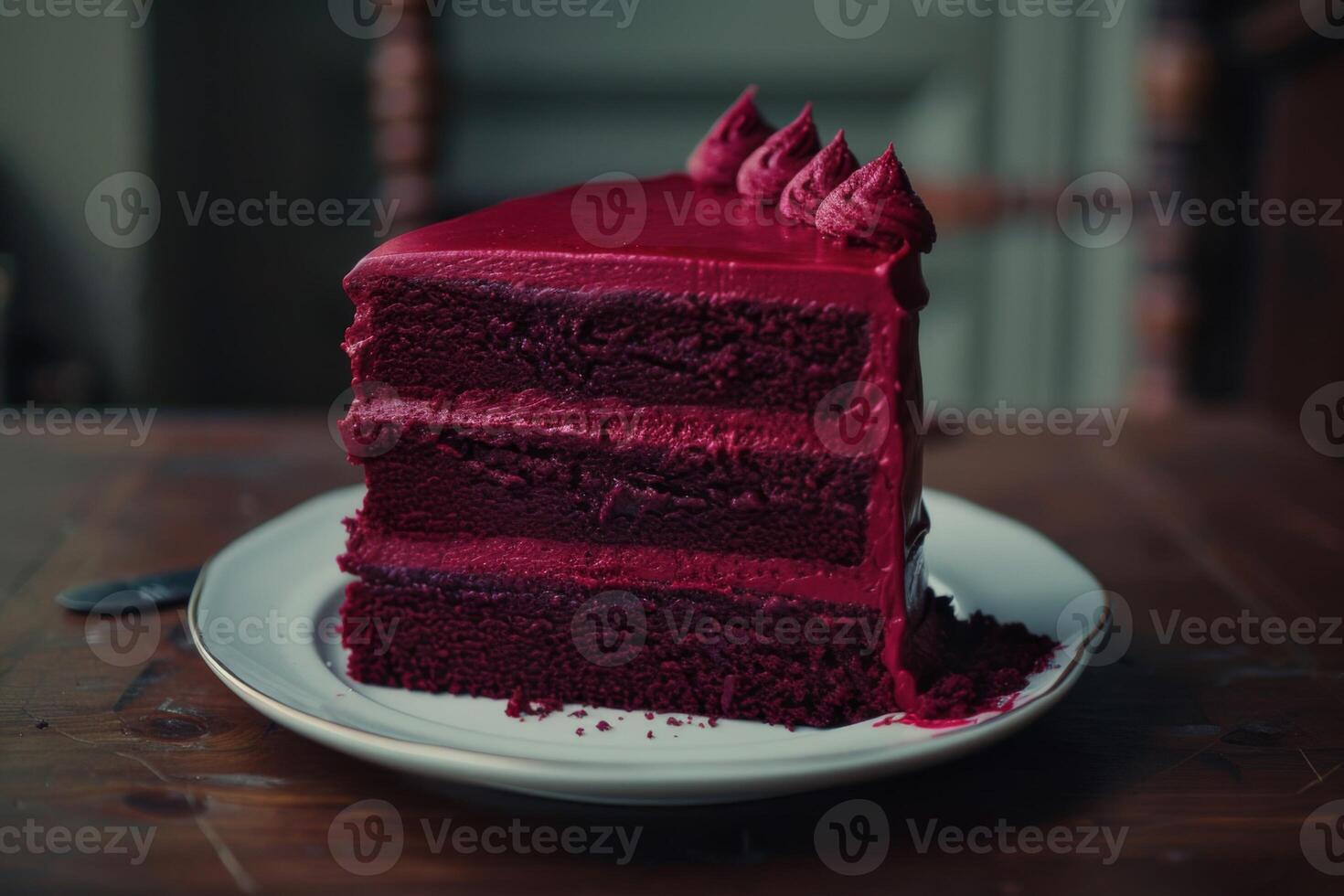 AI generated Red velvet cake with layered cream and sweet garnish on a plate photo