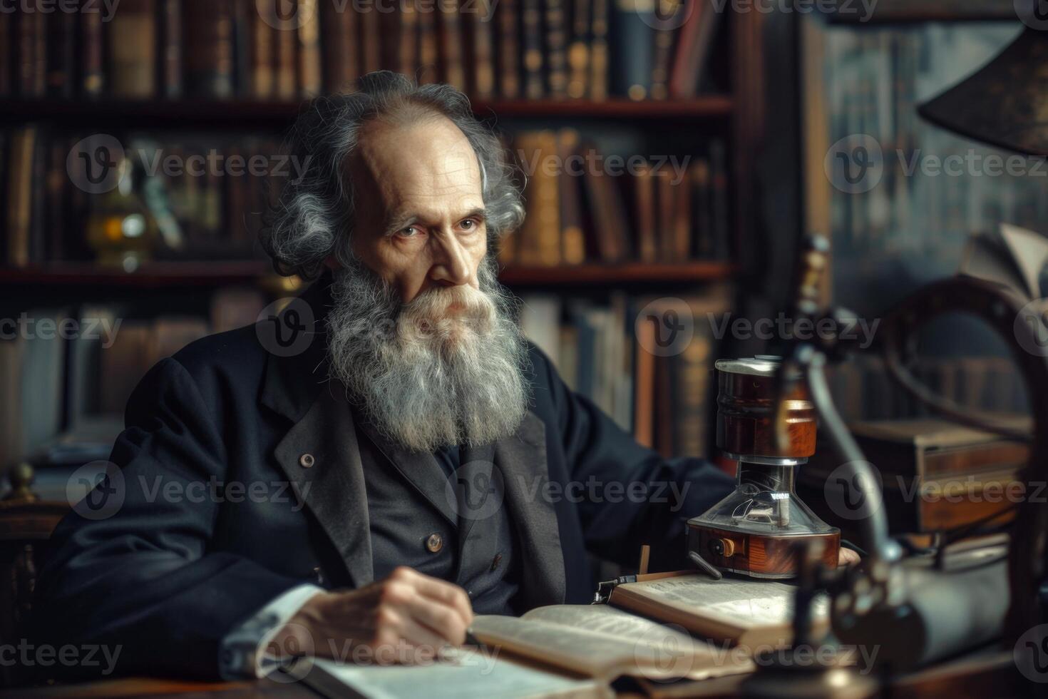 AI generated Vintage inventor writing in study surrounded by library books and antique lamp photo